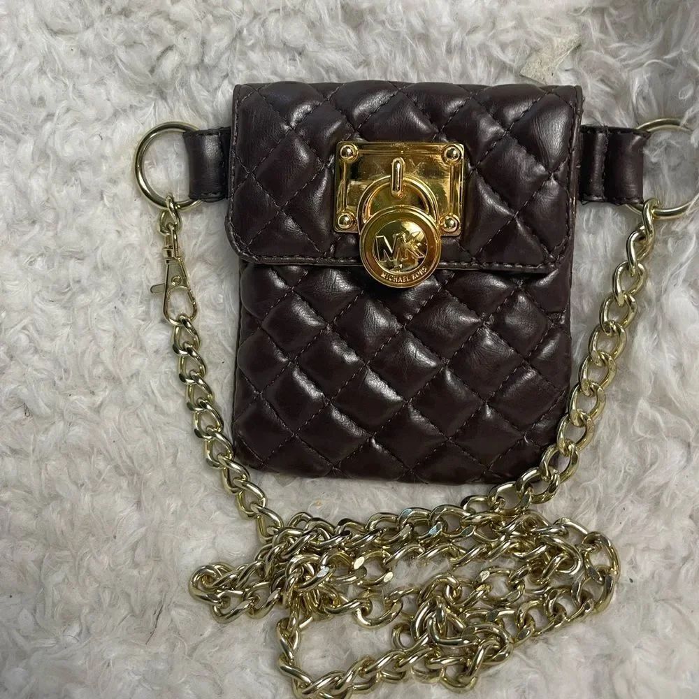 Michael Kors Brown faux leather quilted mini crossbody/fanny pack chain accent